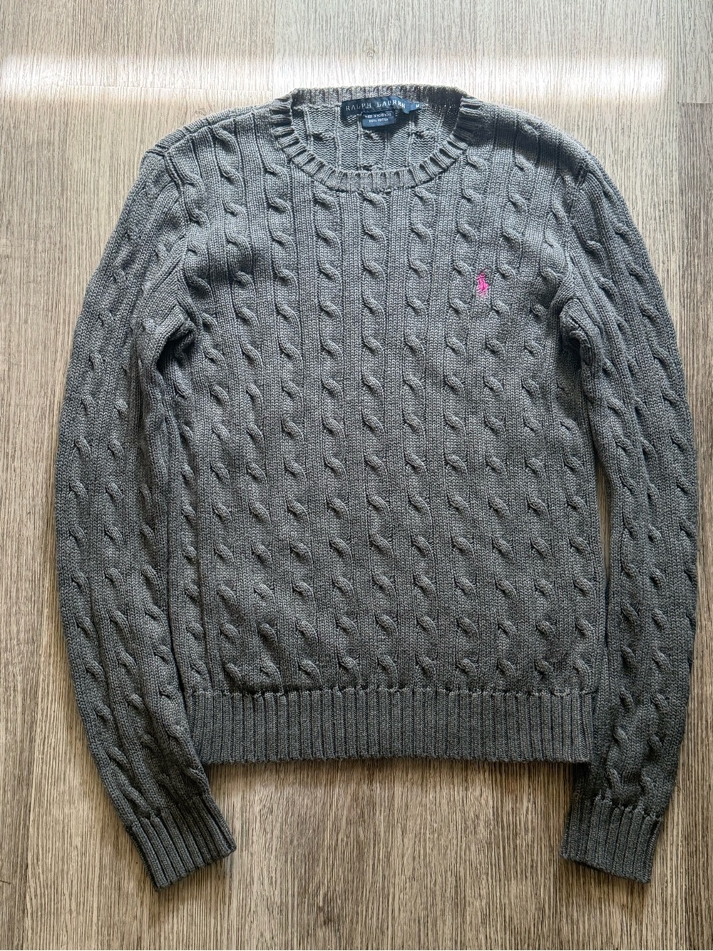 Ralph Lauren Cable Knit Sweater M Gray Pink Pony